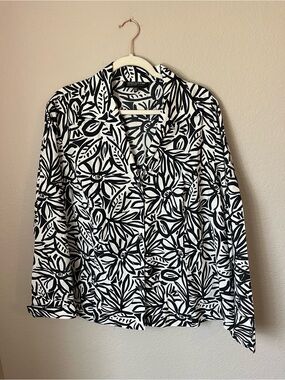 Jones New York Woman 22W Cotton Silk Floral Blouse Black White Plus Size Coastal